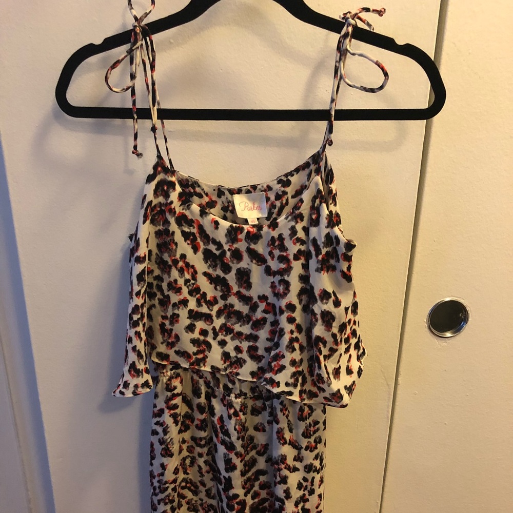 Parker white w grey/pink leopard print silk dress